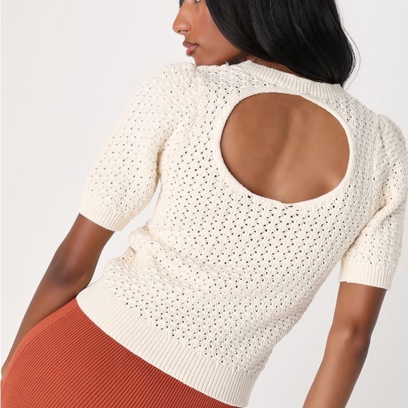 Ivory Crochet Cutout Short Sleeve Sweater Top - Picture 4 of 4
